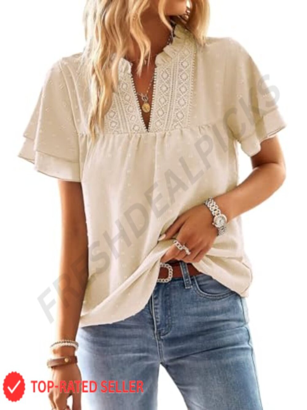 Women's Boho Flowy Crochet Lace V-Neck Short Sleeve Blouse